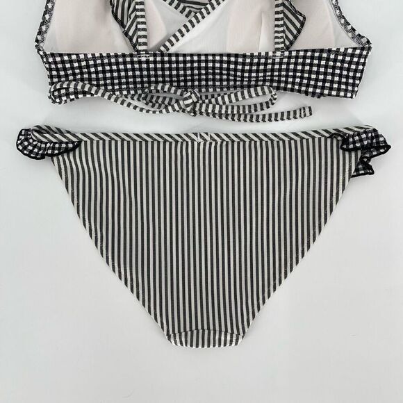 Aerie Seersucker Ruffle Wrap Bikini Scoop Top Swimsuit Set XS Black White NWT - Picture 7 of 9